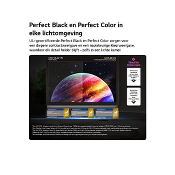 Een LG OLED evo AI G6 toont een gesplitst scherm met een afbeelding van een planeet en sterren, waarbij een mat scherm met anti-glare wordt vergeleken met het scherm met perfect zwart en perfecte kleuren voor een helderder beeld bij elke lichtomstandigheid, ondersteund door UL-certificering en Intertek-certificeringen voor kleurvolume en kleurechtheid.