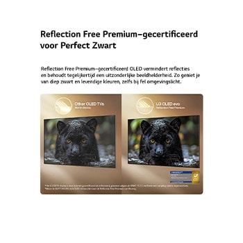 Een LG OLED evo AI G6 met Reflection Free Premium wordt naast een mat scherm met anti-glare getoond, waarbij het beeld van de zwarte jaguar helder blijft met diepe zwarttinten en een fijne textuur, met name in heldere omgevingen, met een Intertek-certificeringsmerk.