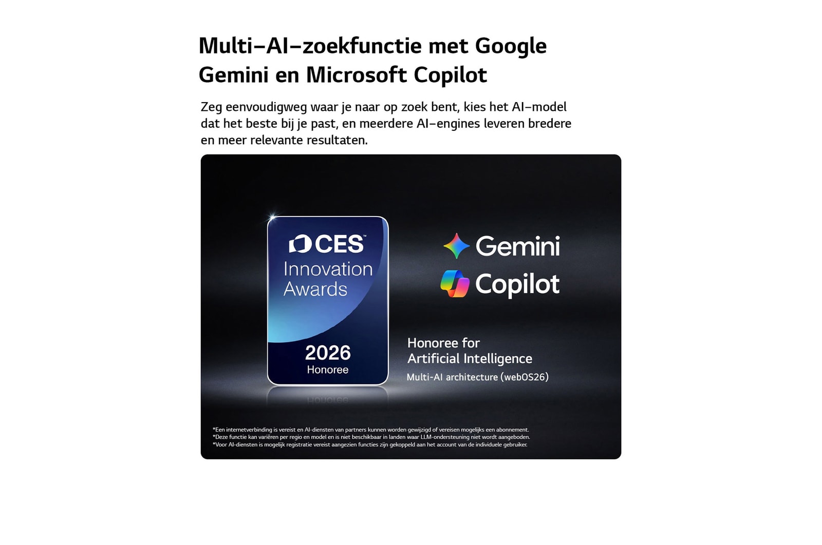 De CES Innovation Awards 2026-badge met eervolle vermelding in de categorie Kunstmatige Intelligentie erkent Multi-AI-zoekopdrachten met Google Gemini en Microsoft Copilot.