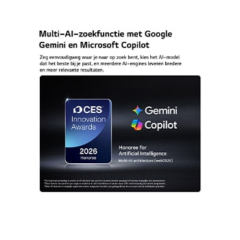 De CES Innovation Awards 2026-badge met eervolle vermelding in de categorie Kunstmatige Intelligentie erkent Multi-AI-zoekopdrachten met Google Gemini en Microsoft Copilot.
