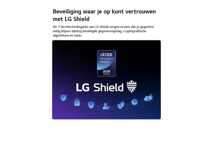 LG Shield, toegepast op LG OLED evo AI G6, wordt weergegeven met een LG Shield-logo in het midden, beveiligingspictogrammen onderaan en bovenaan een CES Innovation Awards 2026-badge met eervolle vermelding, die staat voor gegevens- en systeembescherming.