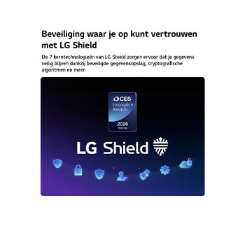 LG Shield, toegepast op LG OLED evo AI G6, wordt weergegeven met een LG Shield-logo in het midden, beveiligingspictogrammen onderaan en bovenaan een CES Innovation Awards 2026-badge met eervolle vermelding, die staat voor gegevens- en systeembescherming.