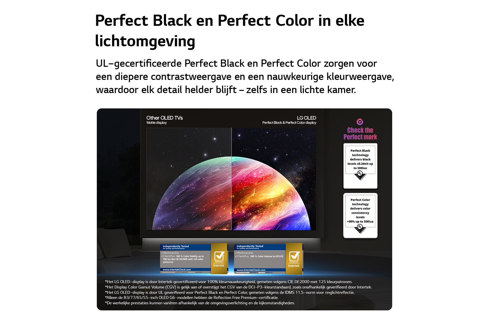 Een LG OLED AI B6 is aan de muur bevestigd in een stijlvolle woonruimte en heeft een ultraslank ontwerp met smalle randen. Op het scherm wordt een regenboogkleurig landschap met gelaagde bergvormen weergegeven.