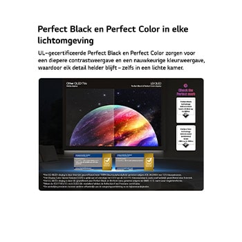 Een LG OLED AI B6 is aan de muur bevestigd in een stijlvolle woonruimte en heeft een ultraslank ontwerp met smalle randen. Op het scherm wordt een regenboogkleurig landschap met gelaagde bergvormen weergegeven.