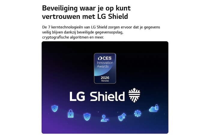 LG Shield, toegepast op LG OLED AI B6, wordt weergegeven met een LG Shield-logo in het midden, beveiligingspictogrammen onderaan en bovenaan een CES Innovation Awards 2026-badge met eervolle vermelding, die staat voor gegevens- en systeembescherming.