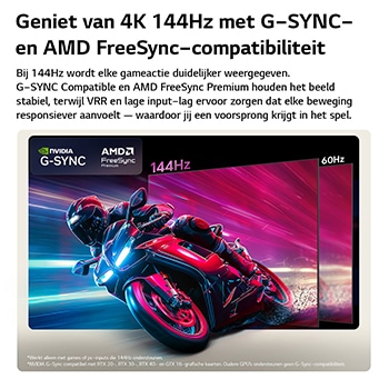 Een LG OLED AI B6 vergelijkt 144Hz met 60Hz in een motorracegame en laat zien dat het 144Hz-scherm ultravloeiend is en geen last heeft van screen tearing. De logo’s van NVIDIA G-SYNC en AMD FreeSync Premium verschijnen linksboven.