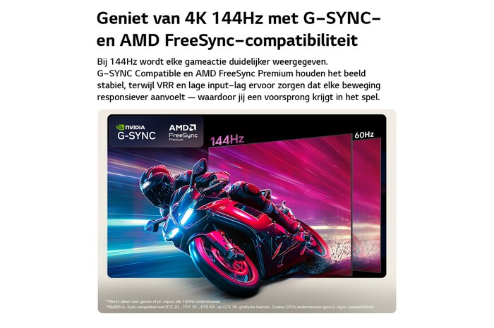 Een LG OLED AI B6 vergelijkt 144Hz met 60Hz in een motorracegame en laat zien dat het 144Hz-scherm ultravloeiend is en geen last heeft van screen tearing. De logo’s van NVIDIA G-SYNC en AMD FreeSync Premium verschijnen linksboven.