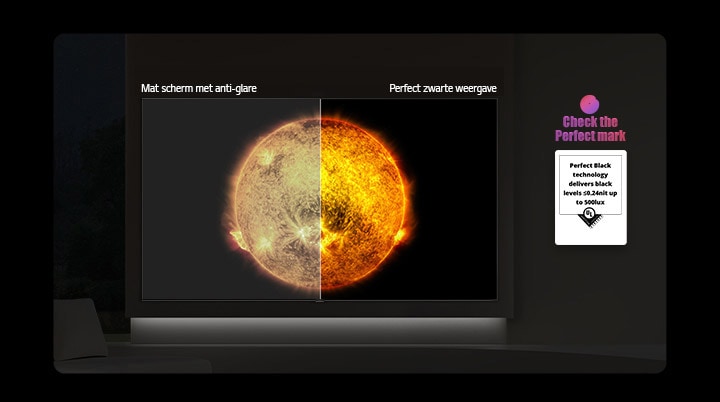 Een LG OLED AI B6E toont een gesplitst scherm met een visuele vergelijking tussen een mat scherm met anti-glare en een scherm met perfect zwart voor een helderder beeld bij elk licht, ondersteund door een zichtbare UL-certificering voor perfect zwart.