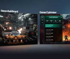Een LG QNED evo AI QNED80 Mini LED met Game Dashboard en Optimizer toont spelschermen naast elkaar en een schermmenu voor het in realtime aanpassen van spelinstelingen zoals verversingssnelheid, latentie en visuele modi.