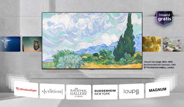 Een LG QNED evo AI QNED80 Mini LED met LG Gallery+ toont zorgvuldig geselecteerde kunstwerken in een interieur, met wisselende kunstwerken, verwijzingen naar partnermusea en een bericht ‘1 maand gratis’. 