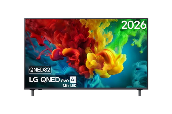 Het vooraanzicht van de LG QNED evo AI QNED82 Mini LED, uitgebracht in 2026, vult het scherm met levendige, vloeiende uitbarstingen van veelkleurige, verfachtige bewegingen, terwijl rijk gelaagde wolken van kleur zich vloeiend over het scherm verspreiden.