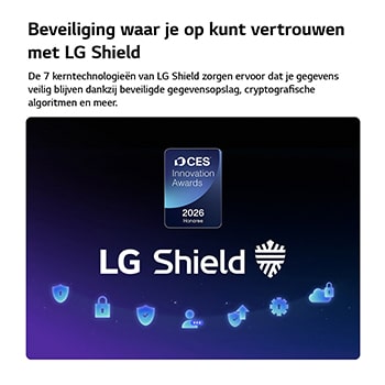 LG Shield, toegepast op LG QNED evo AI QNED82 Mini LED, wordt weergegeven met een LG Shield-logo in het midden, beveiligingspictogrammen onderaan en bovenaan een CES Innovation Awards 2026-badge met eervolle vermelding, die staat voor gegevens- en systeembescherming.