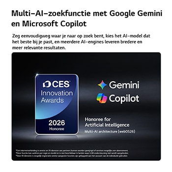De CES Innovation Awards 2026-badge met eervolle vermelding in de categorie Kunstmatige Intelligentie erkent Multi-AI-zoekopdrachten met Google Gemini en Microsoft Copilot.