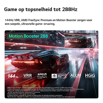Een LG QNED evo AI QNED82 Mini LED voor ultieme gameplay toont een levendige, supersnelle racescène met een wazige vergelijkingsinzet die Motion Booster 288 benadrukt, terwijl het 144Hz, VRR, AMD FreeSync, ALLM, HGiG en GeForce NOW ondersteunt.