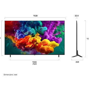 Een LG QNED evo AI QNED85 Mini LED, weergegeven van de voorkant en van de zijkant, heeft een 55 inch scherm dat 1236 mm breed is, 716 mm hoog, 783 mm hoog met standaard, een profieldiepte van 29,7 mm en een afmeting van de voet van de standaard van 1074 bij 257 mm.