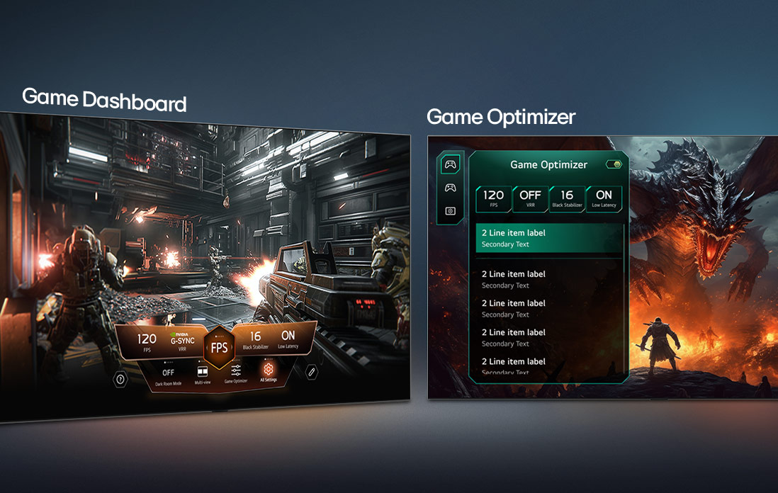 Een LG QNED evo AI QNED85 Mini LED met Game Dashboard en Optimizer toont spelschermen naast elkaar en een schermmenu voor het in realtime aanpassen van spelinstelingen zoals verversingssnelheid, latentie en visuele modi.