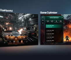 Een LG QNED evo AI QNED85 Mini LED met Game Dashboard en Optimizer toont spelschermen naast elkaar en een schermmenu voor het in realtime aanpassen van spelinstelingen zoals verversingssnelheid, latentie en visuele modi.