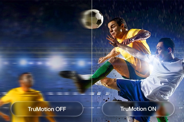 Een LG QNED evo AI QNED85 Mini LED met TruMotion laat op een gesplitst scherm een voetbalscène zien met bewegingsafvlakking. Hierbij wordt een contrast getoond tussen wazige beelden met TruMotion uitgeschakeld en scherpe, heldere beelden met TruMotion ingeschakeld, om de helderheid bij snelle sporten te benadrukken.