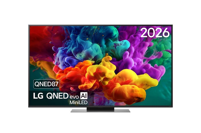 Het vooraanzicht van de LG QNED evo AI QNED85 Mini LED, uitgebracht in 2026, vult het scherm met levendige, vloeiende uitbarstingen van veelkleurige, verfachtige bewegingen, terwijl dichte wolken van kleur naadloos over het scherm versmelten.
