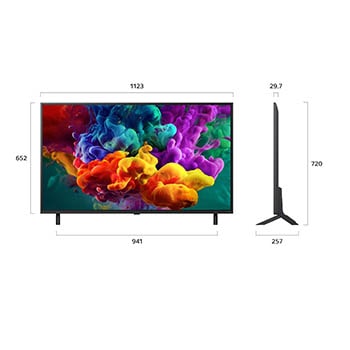 Een LG QNED evo AI QNED85 Mini LED, weergegeven van de voorkant en van de zijkant, heeft een 50 inch scherm dat 1123 mm breed is, 652 mm hoog, 720 mm hoog met standaard, een profieldiepte van 29,7 mm en een afmeting van de voet van de standaard van 941 bij 257 mm.