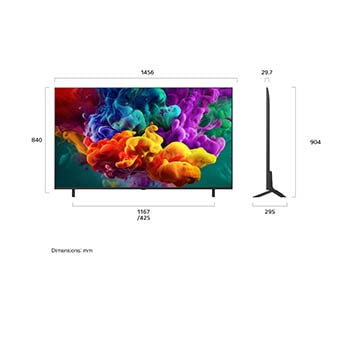 Een LG QNED evo AI QNED85 Mini LED, weergegeven van de voorkant en van de zijkant, heeft een 65 inch scherm dat 1456 mm breed is, 840 mm hoog, 904 mm hoog met standaard, een profieldiepte van 29,7 mm en een afmeting van de voet van de standaard van 1167/425 bij 295 mm.