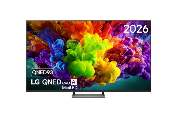 Het vooraanzicht van de LG QNED evo AI QNED90 Mini LED, uitgebracht in 2026, vult het scherm met levendige, vloeiende uitbarstingen van veelkleurige, verfachtige bewegingen, terwijl dichte wolken van kleur naadloos over het scherm versmelten.