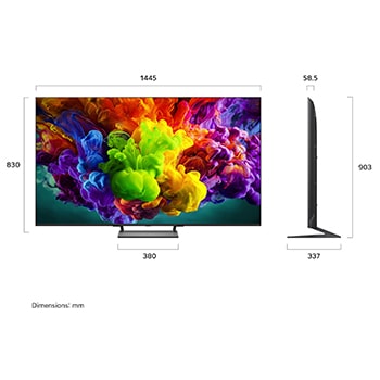 Het vooraanzicht van de LG QNED evo AI QNED90 Mini LED, uitgebracht in 2026, vult het scherm met levendige, vloeiende uitbarstingen van veelkleurige, verfachtige bewegingen, terwijl dichte wolken van kleur naadloos over het scherm versmelten.
