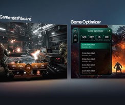 Een LG QNED AI QNED70 Mini LED met Game Dashboard en Optimizer toont spelschermen naast elkaar en een schermmenu voor het in realtime aanpassen van spelinstelingen zoals verversingssnelheid, latentie en visuele modi.