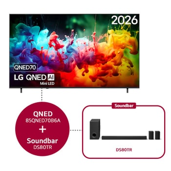 Het vooraanzicht van de LG QNED AI QNED70 Mini LED, gelanceerd in 2026, vult het scherm met levendige, vloeiende spatten van veelkleurige bewegingen, terwijl de kleuren mooi gelaagd zijn en soepel over het scherm verspreiden.