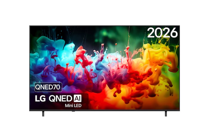 Het vooraanzicht van de LG QNED AI QNED70 Mini LED, gelanceerd in 2026, vult het scherm met levendige, vloeiende spatten van veelkleurige bewegingen, terwijl de kleuren mooi gelaagd zijn en soepel over het scherm verspreiden.