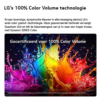 Een LG QNED AI QNED70 Mini LED met Dynamic QNED Color vult het scherm met levendige, vloeiende uitbarstingen van veelkleurige, verfachtige bewegingen, waardoor de verbeterde kleurlevendigheid wordt getoond, gecertificeerd voor 100% kleurvolume.