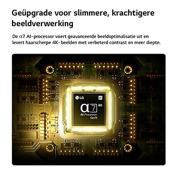 Een Alpha 7 AI Processor 4K Gen9 van de LG QNED AI QNED70 Mini LED straalt in het midden van een gele printplaat en benadrukt de slimmere, krachtigere AI-verwerking die de helderheid van 4K-beelden verbetert met een beter contrast en meer diepte.