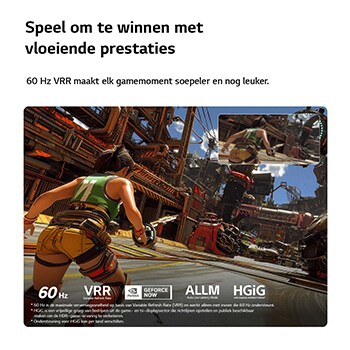 Een LG QNED AI QNED70 Mini LED voor ultieme gameplay toont een snel actiespel met een vergelijkingsinzet die de vloeiendere bewegingen benadrukt, terwijl het 60Hz, VRR, AMD FreeSync, ALLM, HGiG en GeForce NOW ondersteunt.