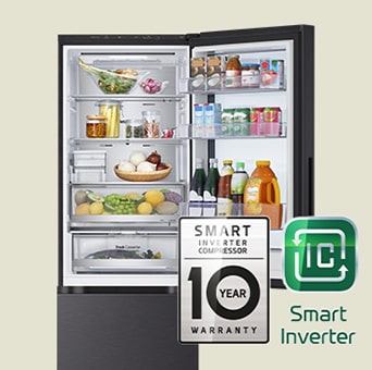 "Fresh food-filled refrigerator with open door and logo images for warranty and smart inverter. "
