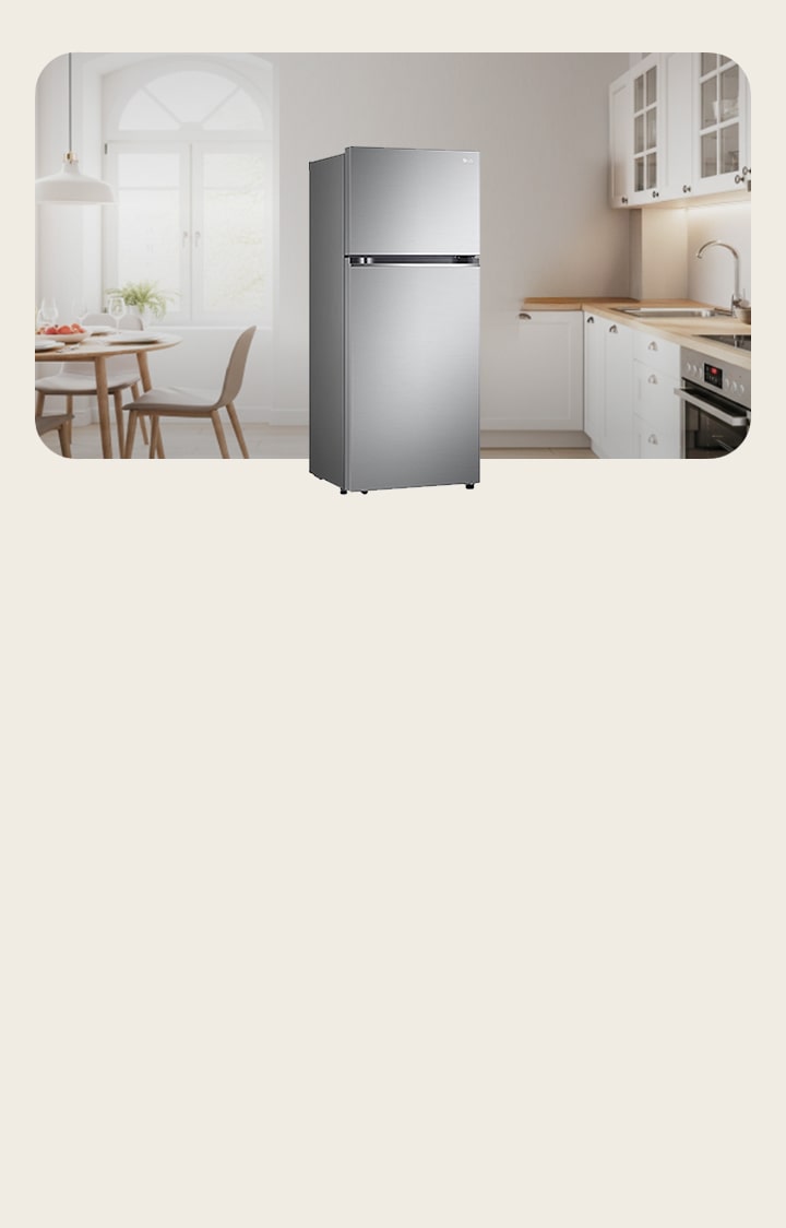 A compact LG refrigerator freezer with a blue-lit transparent door, next another refrigerator with closed doors. Behind the refrigerator is a white-tone modern kitchen.