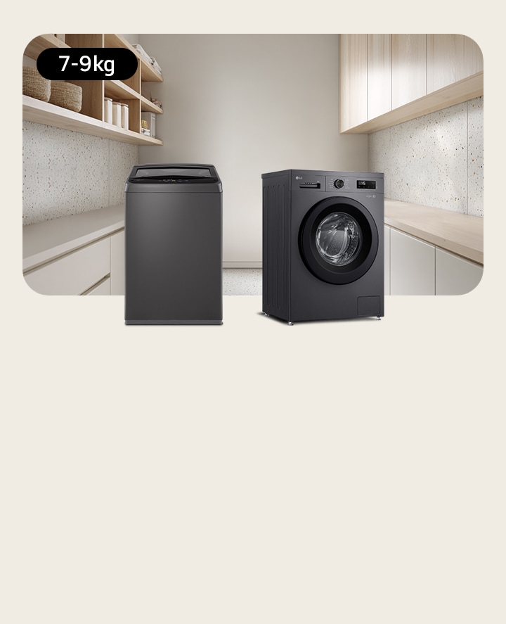 LG Compact front loading washer machines with icon for 7-9kg capacity.