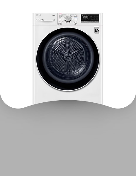 An LG Heat Pump dryer in a sleek white design. The machine features a large circular black door with a clear view of the drum, and a control panel with various settings and a digital display, highlighting its advanced features and modern technology.	