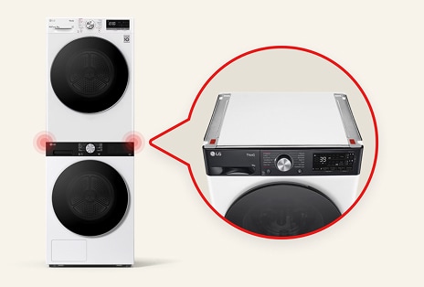 Left shows white LG washer and dryer stacked, a red circle marks the stacking kit between them; right shows a close-up of the kit's cross-section.