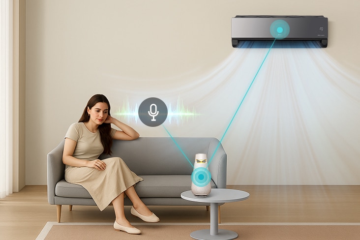 Imagen del aire acondicionado LG en funcionamiento con el asistente de voz del altavoz AI