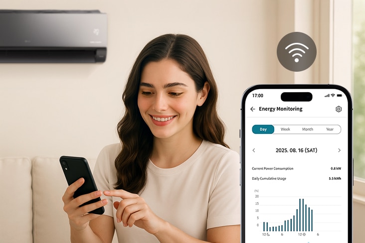 El ícono muestra que la aplicación ThinQ siempre tiene datos sobre los aires acondicionados LG, lo que permite una gestión eficiente.