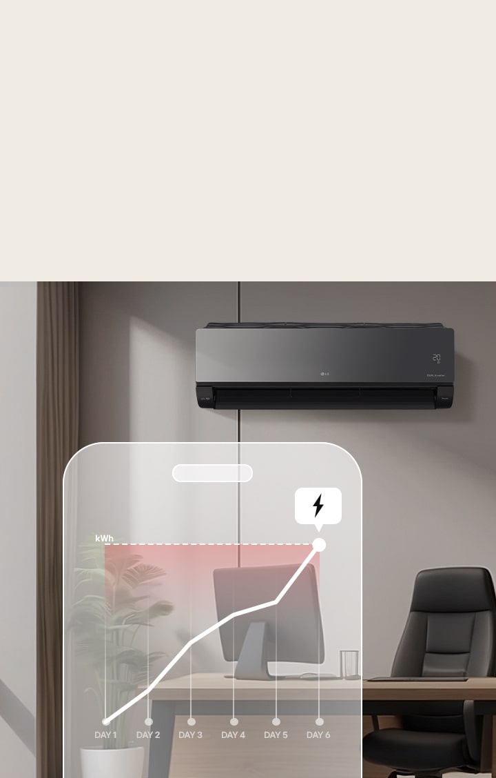 Imagen que explica kW Manager con aplicación para teléfono inteligente que muestra la gestión de filtros y el monitoreo de energía