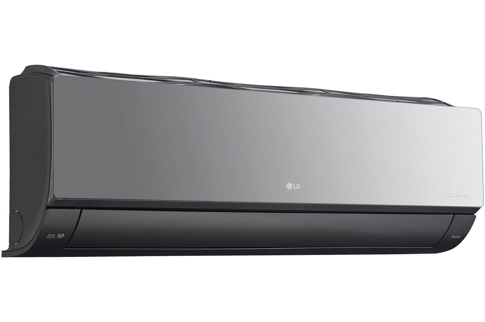 Left perspective view of LG ARTCOOL Mirror Air Conditioner with closed lower vane.