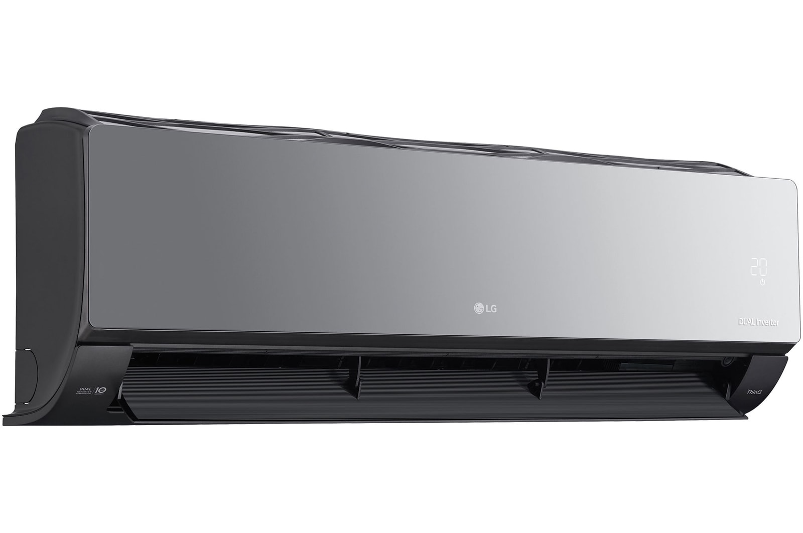 Left perspective view of LG ARTCOOL Mirror Air Conditioner with open lower vane.