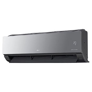 Right perspective view of LG ARTCOOL Mirror Air Conditioner with open lower vane and digital temperature display.