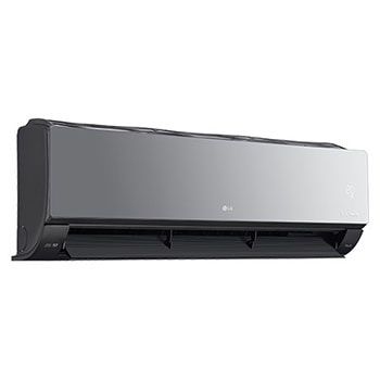 Left perspective view of LG ARTCOOL Mirror Air Conditioner with open lower vane.
