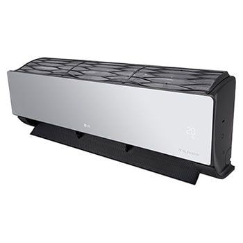 Right-side view of LG ARTCOOL Mirror Air Conditioner with open lower vane and digital temperature display.