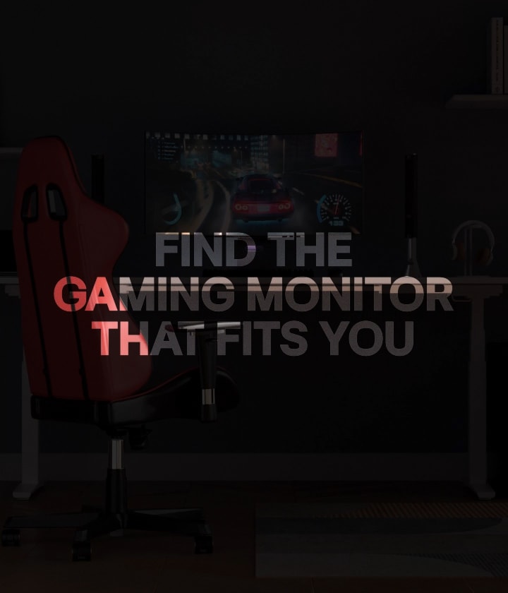 Un monitor UltraGear central situado sobre un elegante escritorio muestra juegos de acción cambiante de diversos géneros, como FPS, carreras y aventuras, mientras que el entorno de alrededor cambia dinámicamente para resaltar los juegos en diversos escenarios.