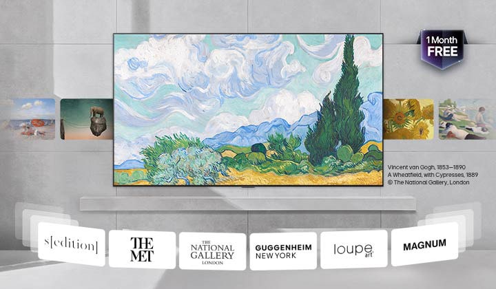 LG ART TV con LG Gallery+ muestra obras de arte seleccionadas en un interior de hogar, con obras de arte en rotación, junto con referencias de museos asociados y un mensaje de «1 mes gratis».