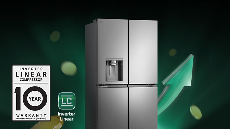 Refrigerador LG con compresor Inverter lineal, mostrado con la insignia de garantía de 10 años, que destaca su durabilidad, eficiencia energética y rendimiento de refrigeración avanzado en un diseño elegante y moderno.