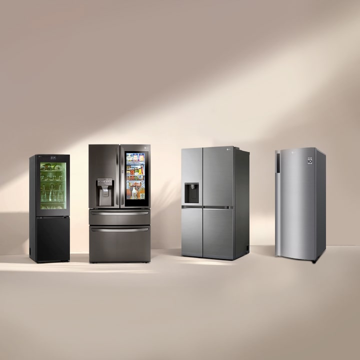 Gama de refrigeradores LG que incluye modelos con congelador inferior, dos puertas en la parte superior y un cajón inferior, doble puerta y puerta única, con diseños modernos, funciones inteligentes y tecnología de bajo consumo.